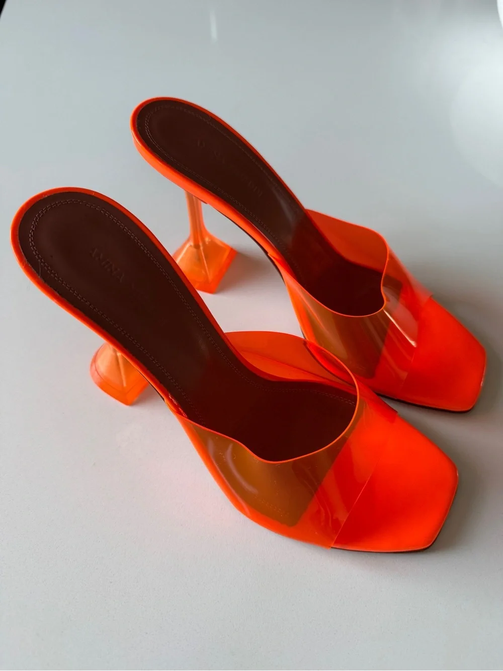Amina Muaddi Orange Clear Strap Slide Heels